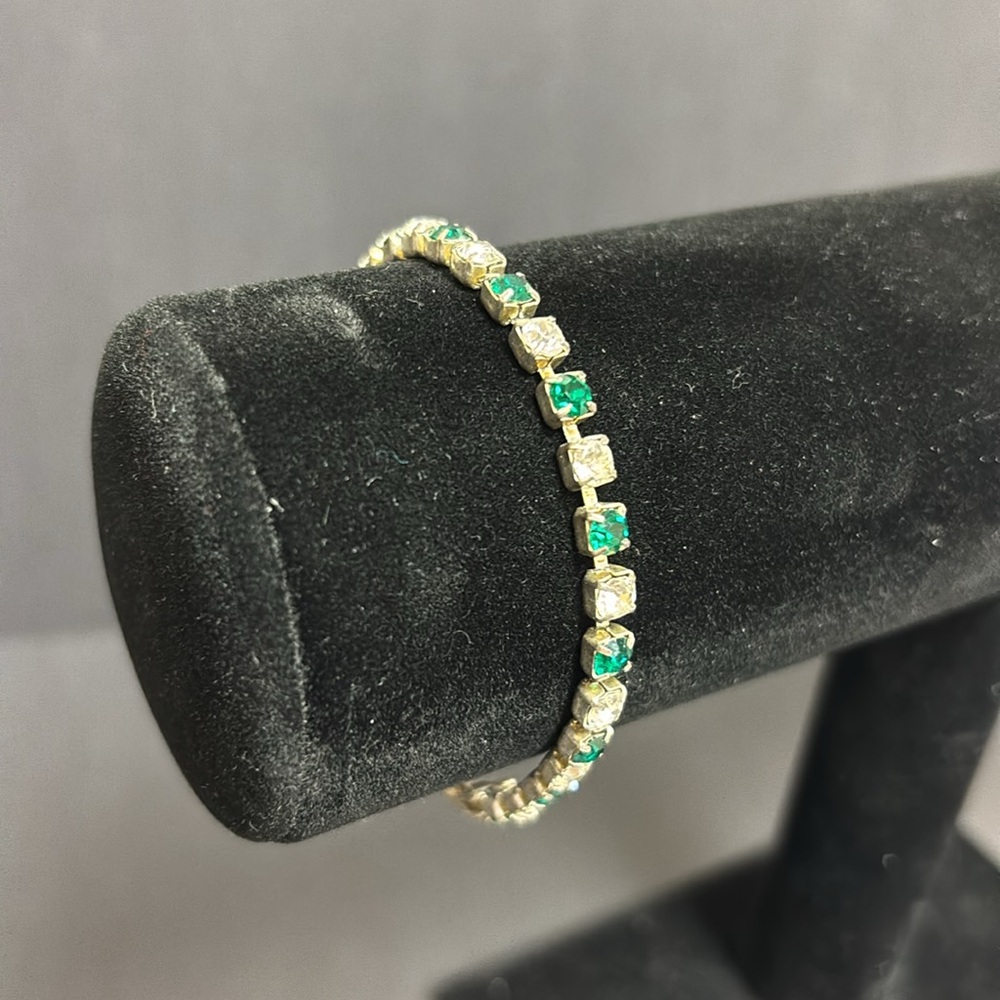 Vintage Silver Tone Tennis Bracelet with Green and White Rhinestones